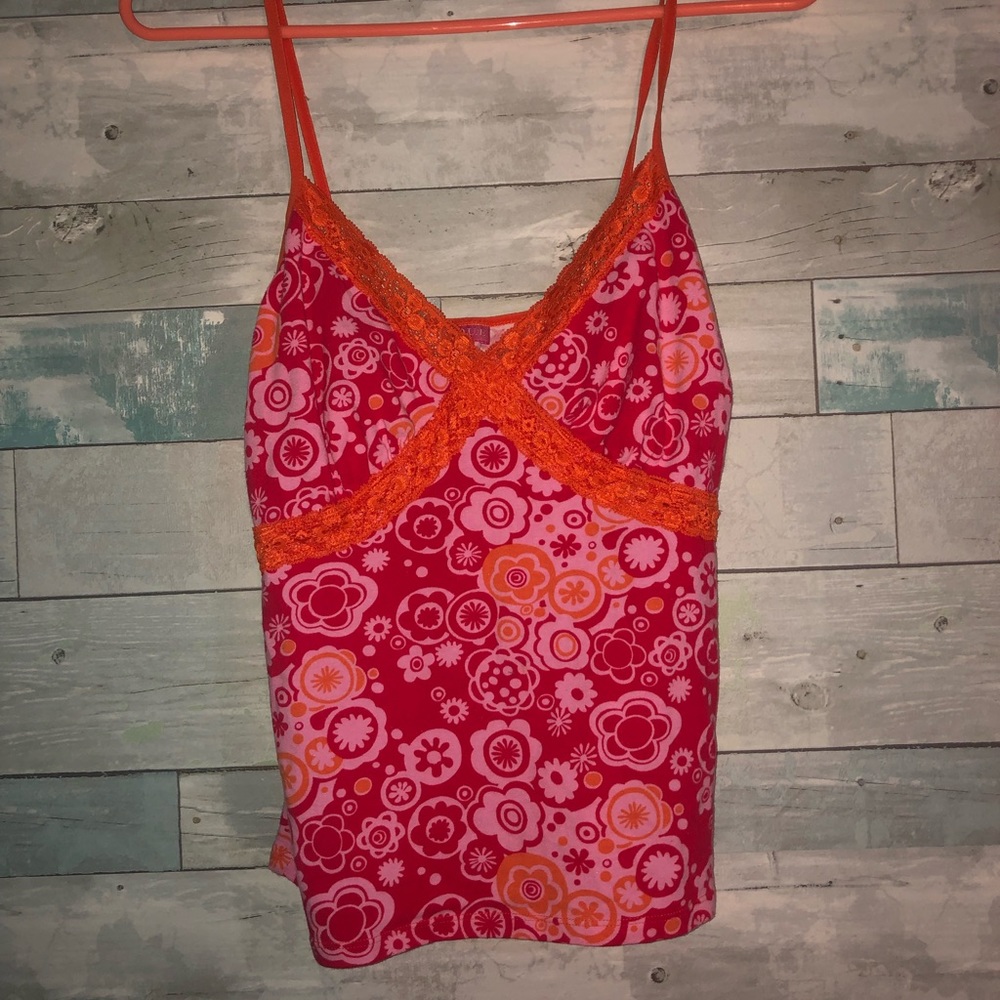 ORANGE AND PINK LACE CROPPED TANK TOP